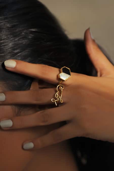 Shop_Varnika Arora_Gold Plated Handcrafted Stone Heart Ring _Online_at_Aza_Fashions