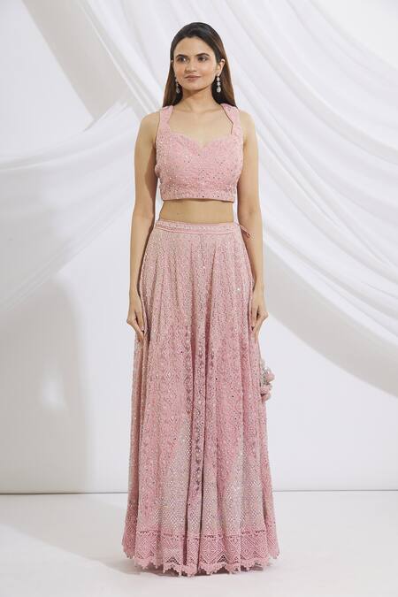 Vandana Sethi_Pink Chikankari Sweetheart Neck Bridal Lehenga Set_Online_at_Aza_Fashions