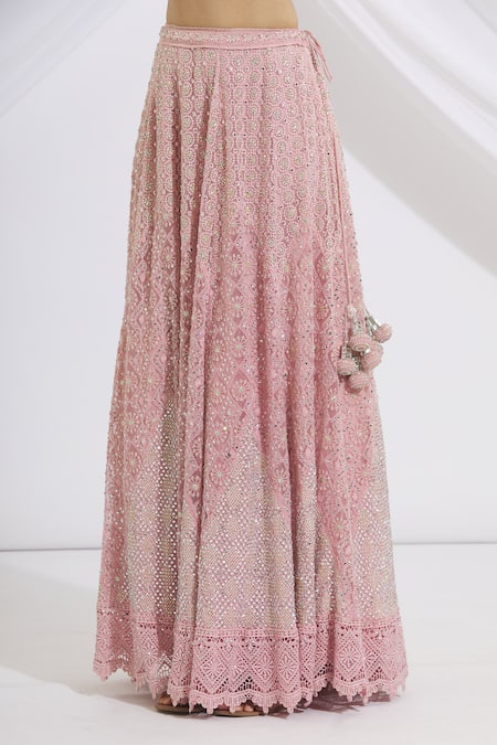Shop_Vandana Sethi_Pink Chikankari Sweetheart Neck Bridal Lehenga Set_Online_at_Aza_Fashions