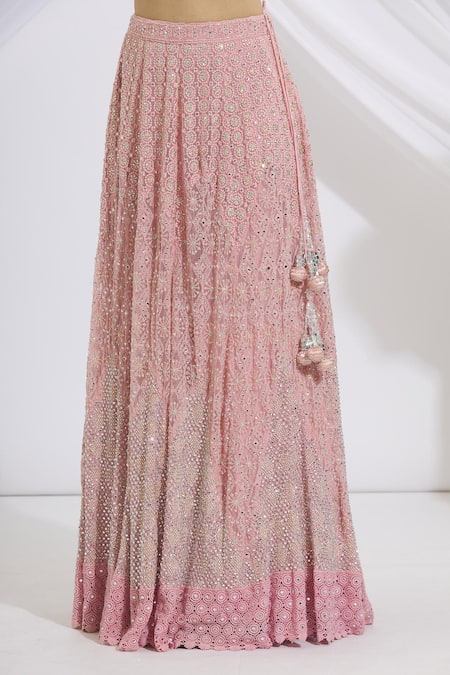 Shop_Vandana Sethi_Pink Chikankari V Neck Kurta Lehenga Set_Online_at_Aza_Fashions