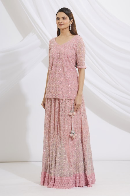 Vandana Sethi_Pink Chikankari V Neck Kurta Lehenga Set_Online_at_Aza_Fashions