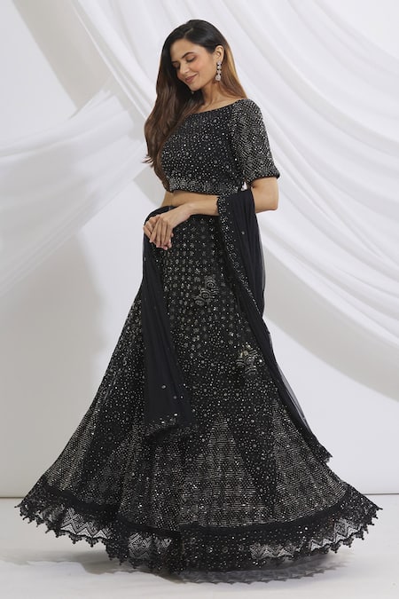 Vandana Sethi Black Chikankari Boat Lehenga Set 