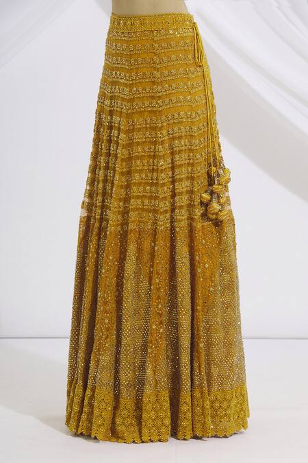Shop_Vandana Sethi_Yellow Chikankari Square Neck Bridal Lehenga Set_Online_at_Aza_Fashions