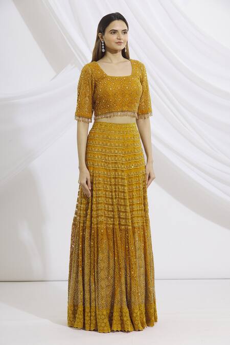 Vandana Sethi_Yellow Chikankari Square Neck Bridal Lehenga Set_Online_at_Aza_Fashions