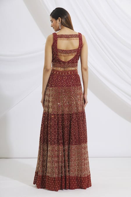 Shop_Vandana Sethi_Maroon Chikankari V Neck Bridal Lehenga Set _at_Aza_Fashions