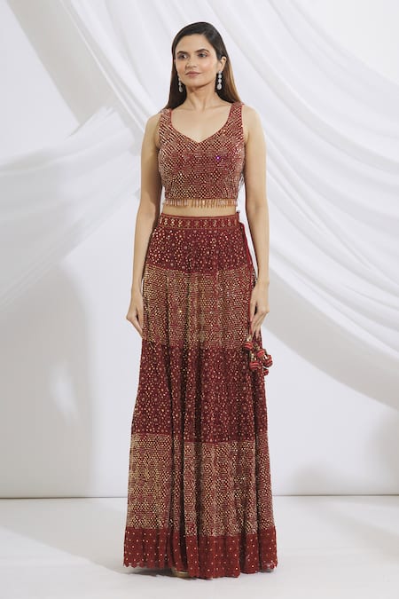 Vandana Sethi_Maroon Chikankari V Neck Bridal Lehenga Set _Online_at_Aza_Fashions