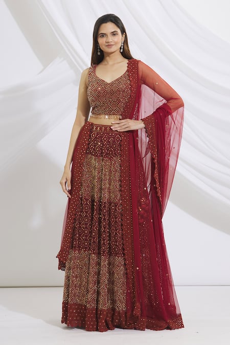 Buy_Vandana Sethi_Maroon Chikankari V Neck Bridal Lehenga Set _Online_at_Aza_Fashions