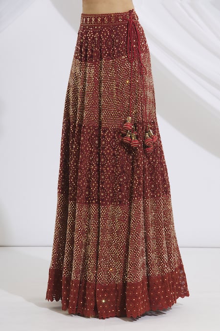 Shop_Vandana Sethi_Maroon Chikankari V Neck Bridal Lehenga Set _Online_at_Aza_Fashions