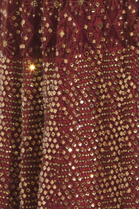 Vandana Sethi_Maroon Chikankari V Neck Bridal Lehenga Set _at_Aza_Fashions