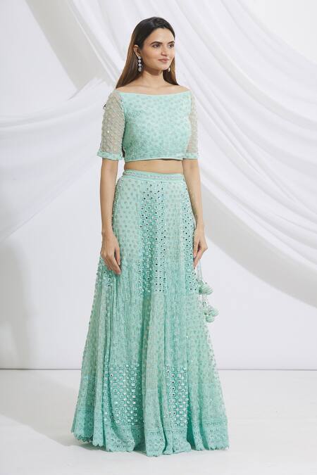 Vandana Sethi_Blue Chikankari Boat Bridal Lehenga Set_Online_at_Aza_Fashions