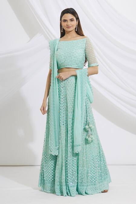 Buy_Vandana Sethi_Blue Chikankari Boat Bridal Lehenga Set_Online_at_Aza_Fashions