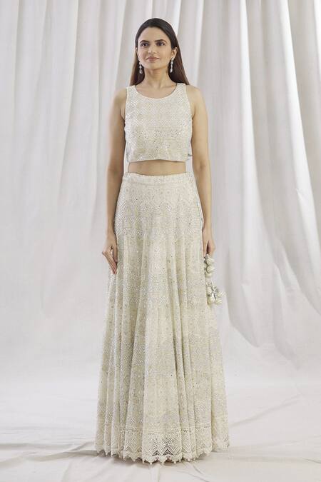 Vandana Sethi_White Chikankari Round Bridal Lehenga Set_Online_at_Aza_Fashions