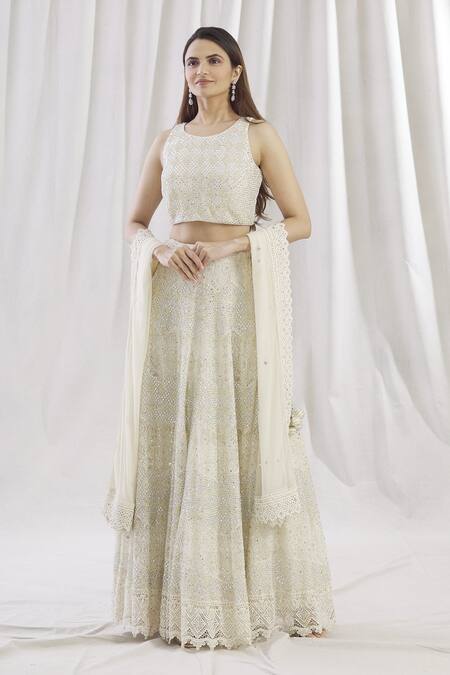 Buy_Vandana Sethi_White Chikankari Round Bridal Lehenga Set_Online_at_Aza_Fashions
