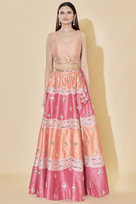 Buy_Vandana Sethi_Peach Dupion Raw Silk Scoop Neck Embellished Bridal Lehenga Set_Online_at_Aza_Fashions