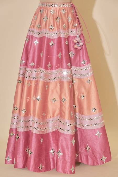 Shop_Vandana Sethi_Peach Dupion Raw Silk Scoop Neck Embellished Bridal Lehenga Set_Online_at_Aza_Fashions