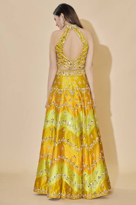 Shop_Vandana Sethi_Yellow Dupion Raw Silk Halter Neck Embellished Lehenga Set _at_Aza_Fashions