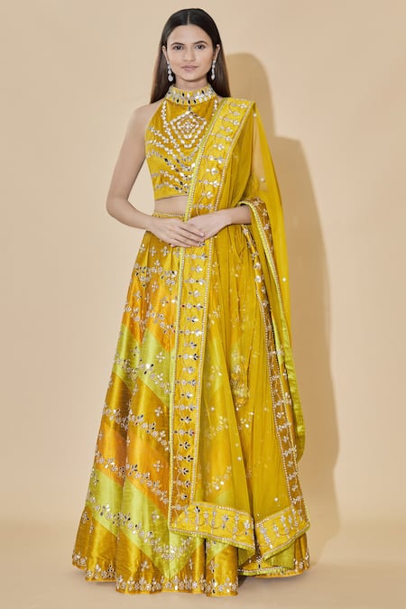 Vandana Sethi_Yellow Dupion Raw Silk Halter Neck Embellished Lehenga Set _Online_at_Aza_Fashions