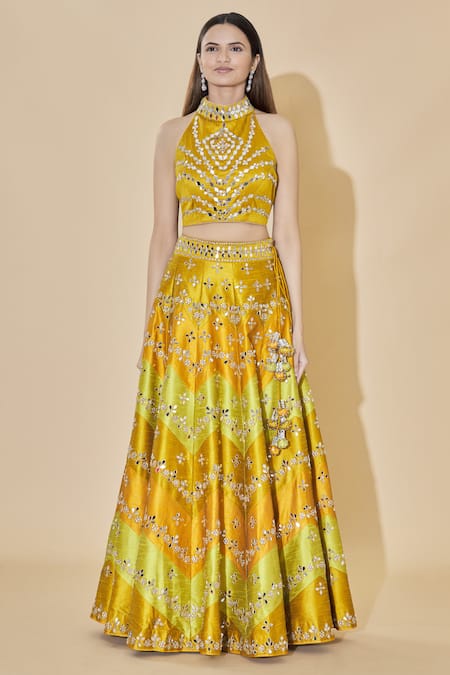 Buy_Vandana Sethi_Yellow Dupion Raw Silk Halter Neck Embellished Lehenga Set _Online_at_Aza_Fashions