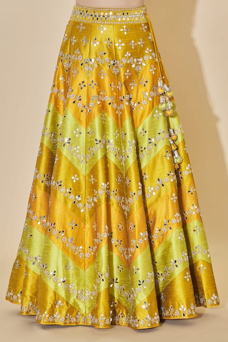 Shop_Vandana Sethi_Yellow Dupion Raw Silk Halter Neck Embellished Lehenga Set _Online_at_Aza_Fashions