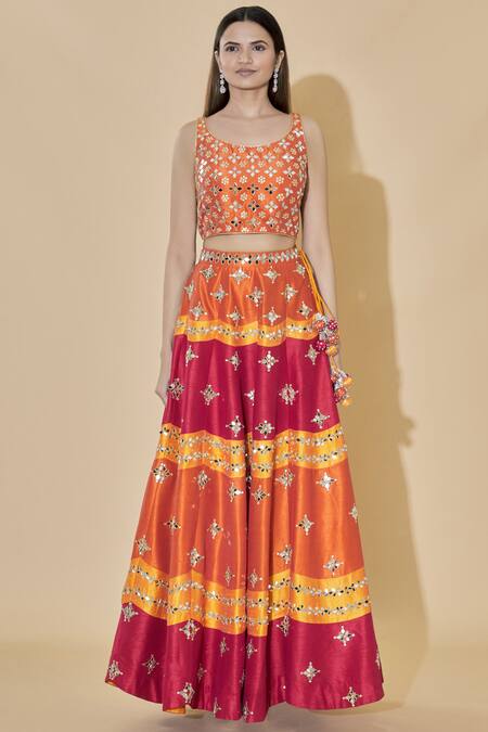 Buy_Vandana Sethi_Orange Dupion Raw Silk Scoop Neck Embellished Bridal Lehenga Set_Online_at_Aza_Fashions
