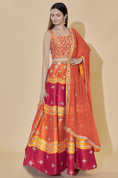 Vandana Sethi_Orange Dupion Raw Silk Scoop Neck Embellished Bridal Lehenga Set_Online_at_Aza_Fashions