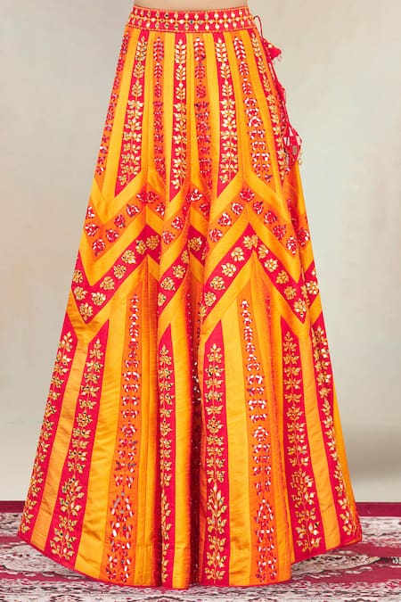 Shop_Vandana Sethi_Orange Dupion Silk V Neck Mirror Embroidered Bridal Lehenga Set_Online_at_Aza_Fashions