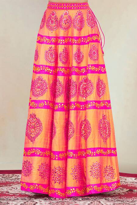 Shop_Vandana Sethi_Orange Dupion Silk Leaf Neck Embroidered Bridal Lehenga Set_Online_at_Aza_Fashions