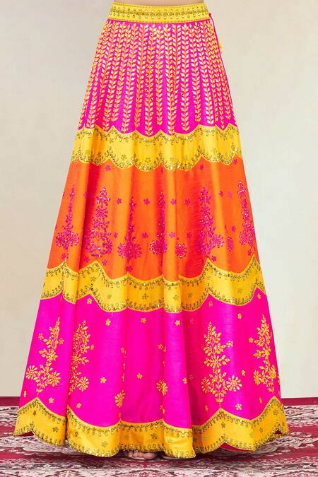 Shop_Vandana Sethi_Yellow Dupion Silk Embroidery Leaf Neck Bridal Lehenga Set _Online_at_Aza_Fashions
