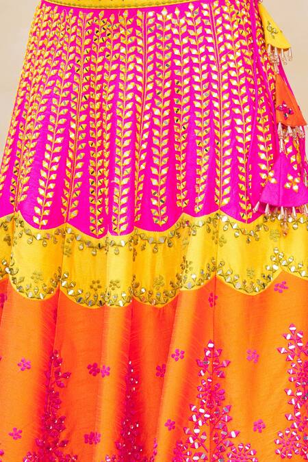 Vandana Sethi_Yellow Dupion Silk Embroidery Leaf Neck Bridal Lehenga Set _at_Aza_Fashions