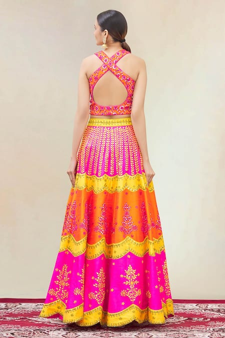 Shop_Vandana Sethi_Yellow Dupion Silk Embroidery Leaf Neck Bridal Lehenga Set _at_Aza_Fashions