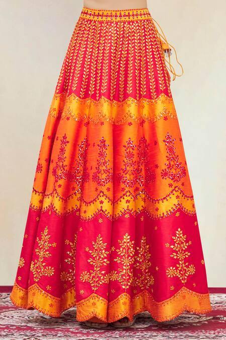 Shop Vandana Sethi Orange Dupion Silk Leaf Neck Embroidered Bridal Lehenga Set Online at Aza Fashions Shop_Vandana Sethi_Orange Dupion Silk Leaf Neck Embroidered Bridal Lehenga Set_Online_at_Aza_Fashions