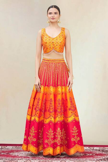 Buy Vandana Sethi Orange Dupion Silk Leaf Neck Embroidered Bridal Lehenga Set Online at Aza Fashions Buy_Vandana Sethi_Orange Dupion Silk Leaf Neck Embroidered Bridal Lehenga Set_Online_at_Aza_Fashions