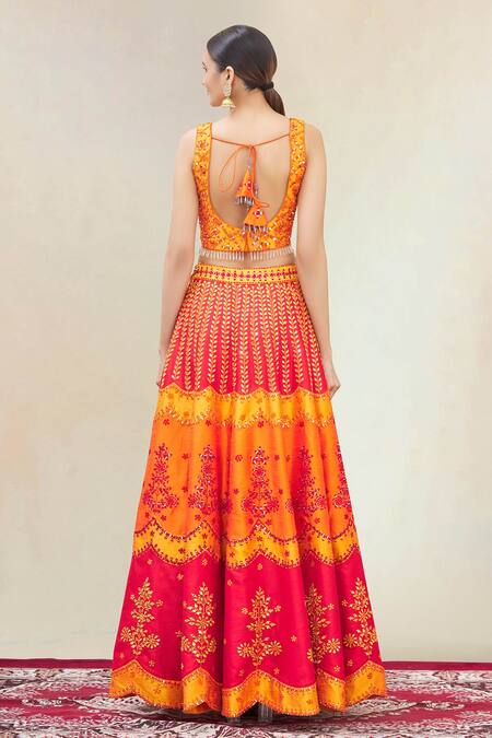 Shop Vandana Sethi Orange Dupion Silk Leaf Neck Embroidered Bridal Lehenga Set at Aza Fashions Shop_Vandana Sethi_Orange Dupion Silk Leaf Neck Embroidered Bridal Lehenga Set_at_Aza_Fashions