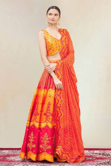 Vandana Sethi Orange Dupion Silk Leaf Neck Embroidered Bridal Lehenga Set Online at Aza Fashions Vandana Sethi_Orange Dupion Silk Leaf Neck Embroidered Bridal Lehenga Set_Online_at_Aza_Fashions