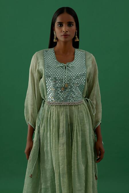 Buy 5elements Green Chanderi Silk Tissue Embellishment Mirror And Work Anarkali & Pant Set Online at Aza Fashions Buy_5elements_Green Chanderi Silk Tissue Embellishment Mirror And Work Anarkali & Pant Set _Online_at_Aza_Fashions