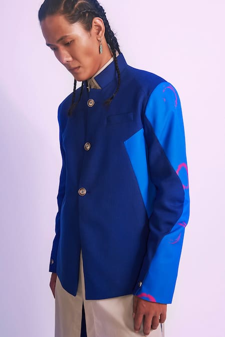 Vikram Bajaj_Blue Pure Wool Printed Abstract Bandhgala And Pant Set_Online_at_Aza_Fashions