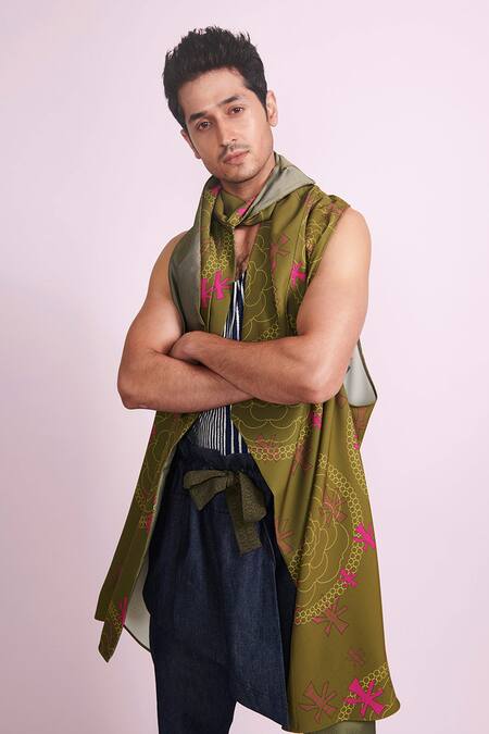 Vikram Bajaj_Blue Knit Cotton Printed Floral Draped Long Shrug_Online_at_Aza_Fashions