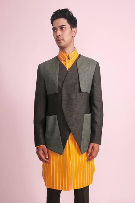 Vikram Bajaj_Green Pure Wool Bandhgala And Striped Kurta Set_Online_at_Aza_Fashions