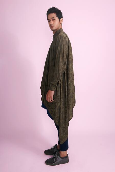 Vikram Bajaj_Green Silk Draped Asymmetric Shirt_Online_at_Aza_Fashions