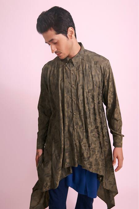 Buy_Vikram Bajaj_Green Silk Draped Asymmetric Shirt_Online_at_Aza_Fashions