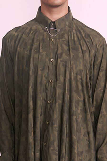 Shop_Vikram Bajaj_Green Silk Draped Asymmetric Shirt_Online_at_Aza_Fashions