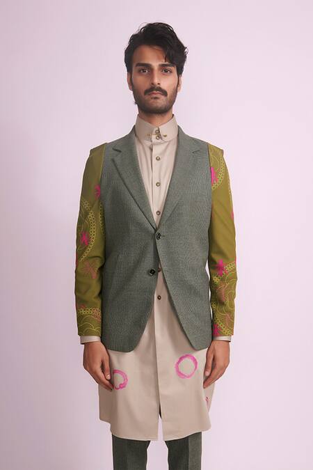 Vikram Bajaj_Beige Pure Wool Printed Blazer And Kurta Set_Online_at_Aza_Fashions