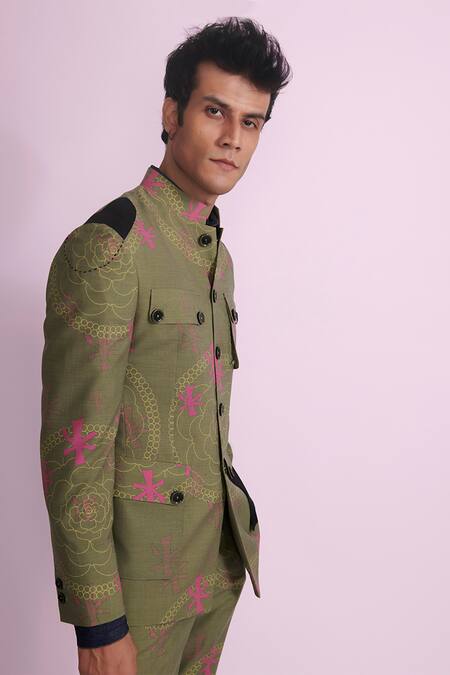 Vikram Bajaj_Green Super Wool 120 Printed Bandhgala With Trousers_Online_at_Aza_Fashions