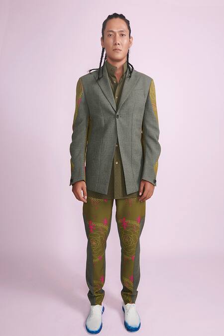 Shop Vikram Bajaj Green Wool Panelled Suit Set at Aza Fashions Shop_Vikram Bajaj_Green Wool Panelled Suit Set_at_Aza_Fashions