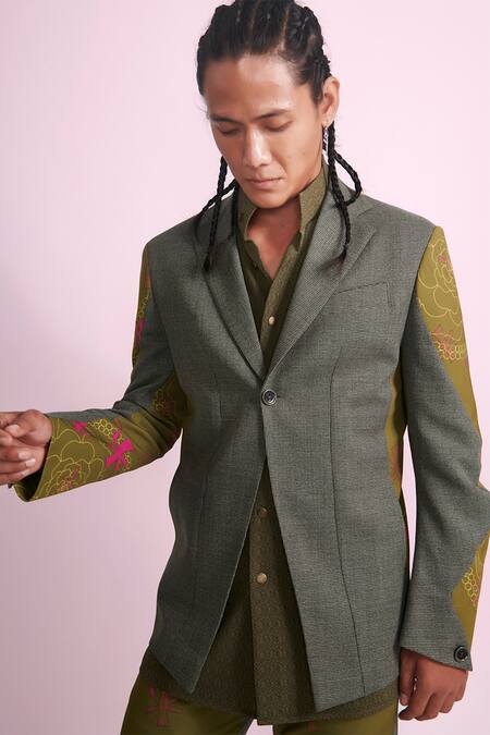 Vikram Bajaj Green Wool Panelled Suit Set Online at Aza Fashions Vikram Bajaj_Green Wool Panelled Suit Set_Online_at_Aza_Fashions