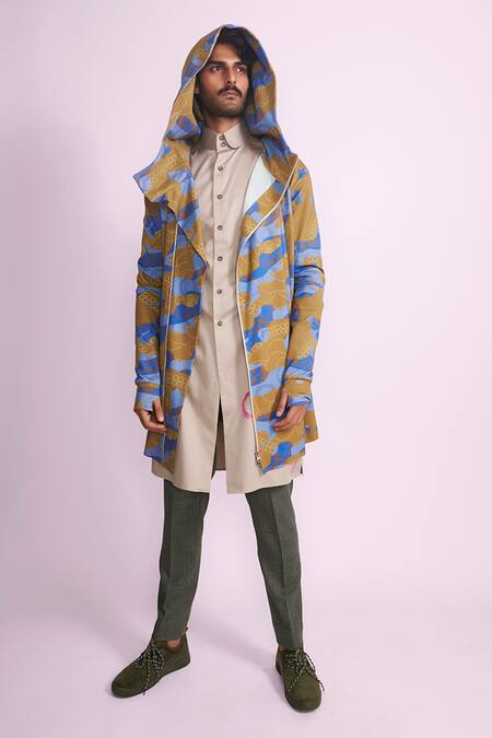 Vikram Bajaj_Blue Knit Cotton Printed Hoodie Jacket_Online_at_Aza_Fashions