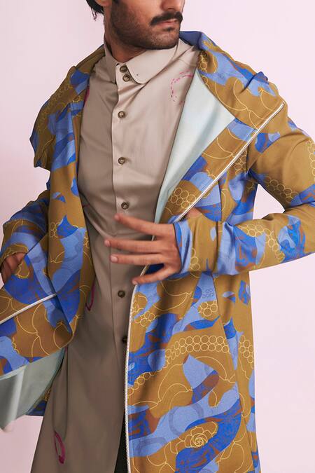 Buy_Vikram Bajaj_Blue Knit Cotton Printed Hoodie Jacket_Online_at_Aza_Fashions