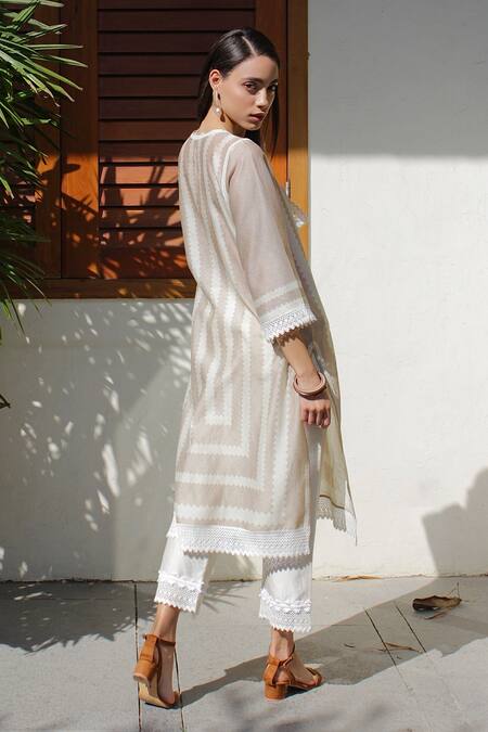 Buy_Varun Bahl_Beige Chanderi Round Kurta And Pant Set_Online_at_Aza_Fashions
