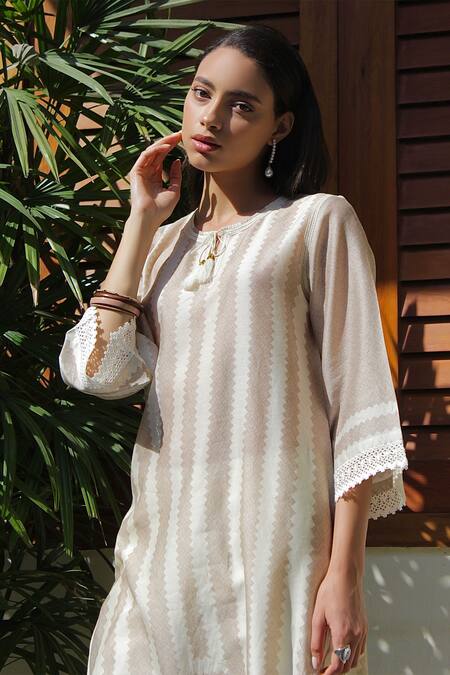 Varun Bahl_Beige Chanderi Round Kurta And Pant Set_at_Aza_Fashions