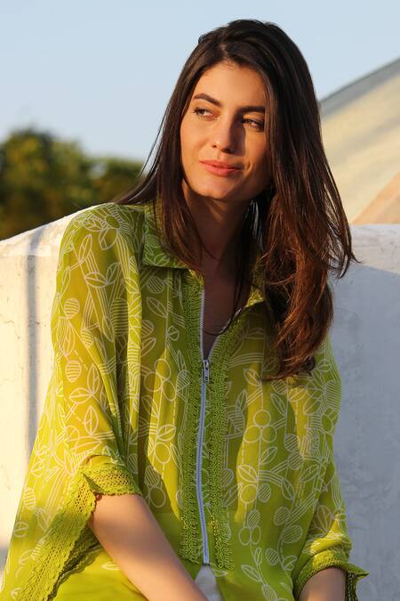 Shop_Varun Bahl_Green Chiffon Spread Collar Asymmetric Tunic And Pant Set_Online_at_Aza_Fashions